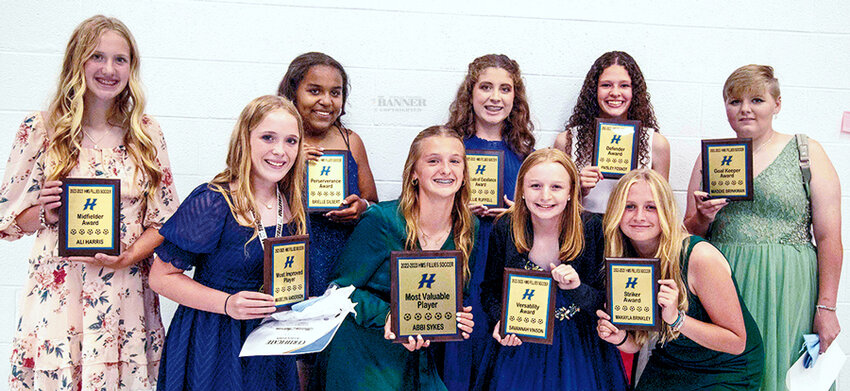 Girls&rsquo; Soccer Awards &mdash; Front Row (L to R): Madelyn Anderson, Abbi Sykes, Savannah Vinson and Makayla Brinkley. Back Row (L to R): Ali Harris, Brielle Gilbert, Allie Ruffell, Paisley Fosnot and Maddie Brinkman.