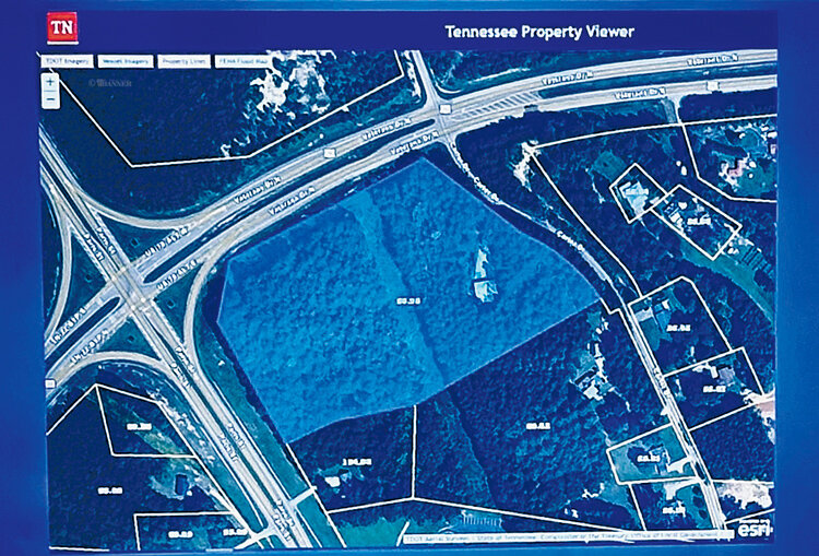 A map of the newly purchased land on the McKenzie-side of Huntingdon, located at the intersection of Paris and Veterans Drive.