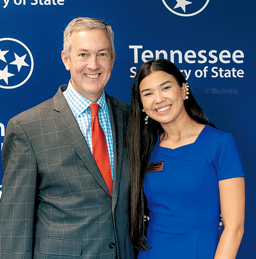 Tennessee Secretary of State Tre Hargett with Gracelyn Eaves, the president of the Student Government Association at Bethel University.