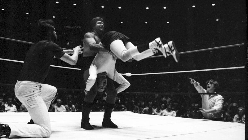 Jerry &ldquo;the King&rdquo; Lawler prepares to piledrive comedic and &ldquo;inter-gender&rdquo; champion Andy Kaufman. For years, Lawler and Kaufman had a supposed feud that one time exploded on the David Letterman Show.