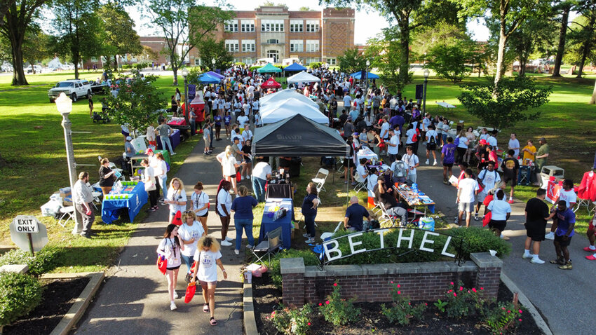 A drone-eye view of the Freshman Carnival on the campus of Bethel University. Local businesses, churches, and organizations participated in the event to welcome freshman to McKenzie and Bethel University.