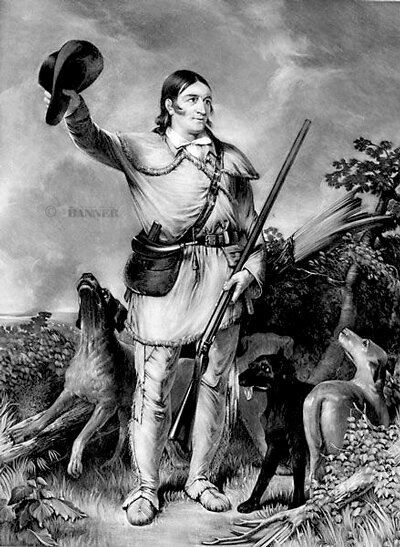 Portrait of David Crockett idealizing him in his pioneer wares of buckskins and his long rifle.