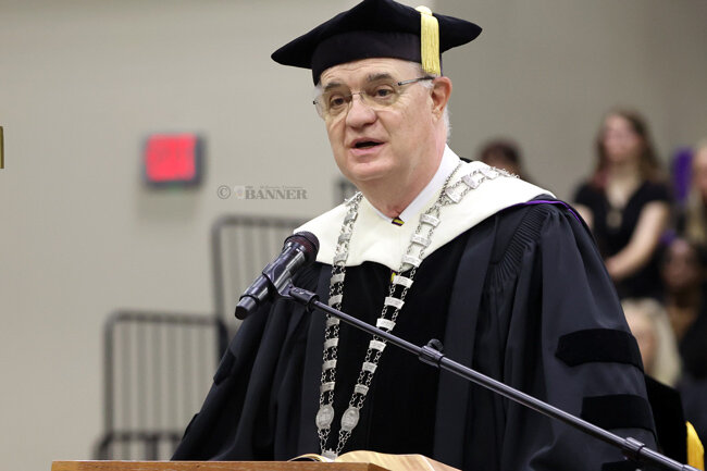 Dr. Walter Butler, president of Bethel University, was the speaker at the opening of the 2023-24 school year at Bethel. He is retiring on December 31.