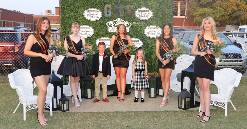 Homecoming Court (L to R): Cadence Bailey, daughter of Qiana and Anthony Vanhorn and Joseph Bailey, was the sophomore maid. Zowie Tipton, daughter of Van and Sabrina Tipton, was the senior maid. Crown bearer was Roe Neil Hughes, IV, son of Allison and Roe Hughes. Queen was Brooklyn McDowell, daughter of Lindsay and Nicky Jackson and Johnathan and Aliva McDowell. Brooklyn is a senior. Flower girl was Andi Claire Vaughn, daughter of Paige and Aaron Vaughn. Olivia Bell, daughter of Heather Bell, was the junior maid. Ava Bennett, daughter of Paige and Ron Bennett, was the freshman maid.