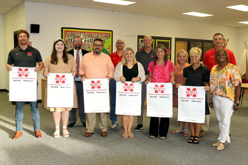 Pictured (L to R) Front Row: Hunter Herrin, Morgan Bromley, Zach Renfro, Amanda Oakley, Beth Mathis, Courtney Kee and LaShonda Williams, chairman of the school board. Back Row: Dr. Justin Barden, director of schools and board members Bobby Young, Spiros Roditis, Karen Fowler and George Cassidy.