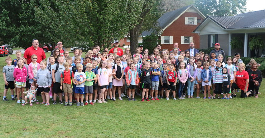 A gathering of students at the home of Karen Fowler, a school board member, prior to the annual walk to school.