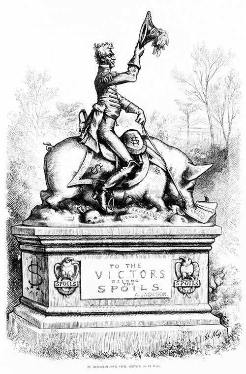A cartoon showing statue of Andrew Jackson on a pig, which is over &quot;fraud,&quot; &quot;bribery,&quot; and &quot;spoils,&quot; eating &quot;plunder.