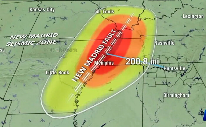 Depicted is the New Madrid Fault Zone which runs along the Mississippi River area through Illinois, Missouri, Kentucky, Tennessee, Arkansas and Mississippi.