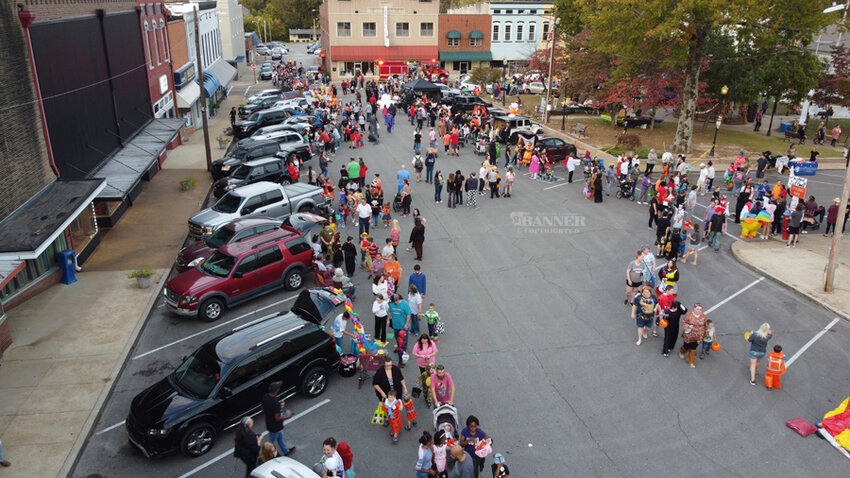 A drone&rsquo;s view of the start of the Trunk or Treating. Thousands of children throughout the area participated in the Boo Bash, sponsored by Bethel University and the City of McKenzie.