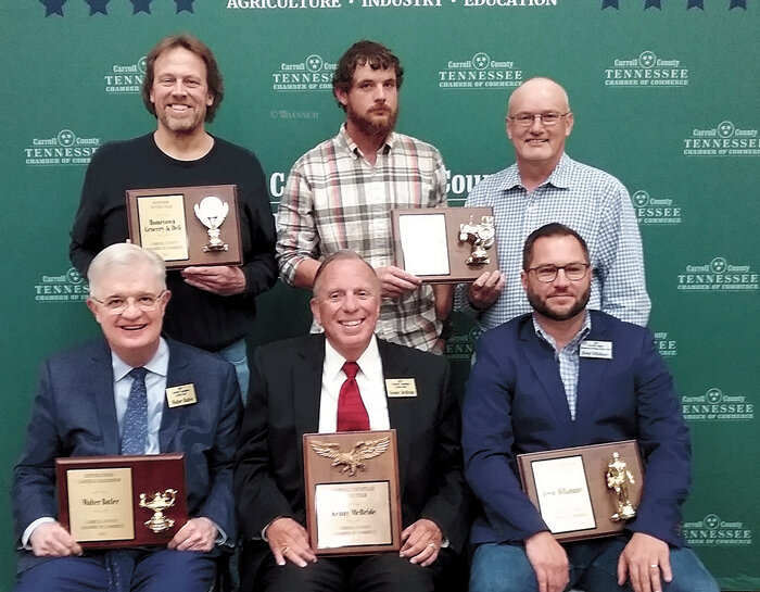 Carroll County Chamber of Commerce Honorees (L to R) Front Row: Walter Butler &mdash; Distinguished Career Award; Kenny McBride &mdash; Carroll Countian of the Year; and Brent Dillahunty &mdash; Businessperson of the Year. Back Row: Randy Powers  &mdash; Business of Year; and Logan and Landon Ledsinger &mdash; Farmers of the Year.