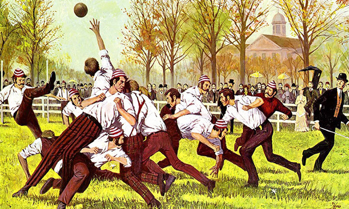 An illustration of the first football game held on November 6, 1869.