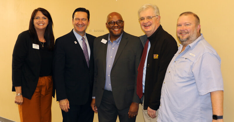 The McKenzie Rotary had several guests from institutions of higher learning. Pictured (L to R): Rotary Vice President Christy Williams; Reverend Dr. Jody Hill, President of Memphis Theological Seminary; Dr. Yancy Freeman, Chancellor of UT Martin; Dr. Walter Butler, President of Bethel University; and Rotary President Jason R. Martin.
