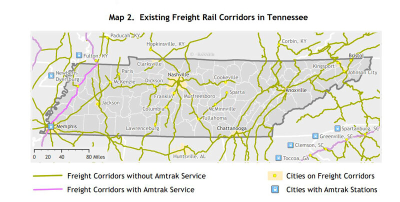 Map of proposed Amtrak route through west Tennessee including Carroll County.