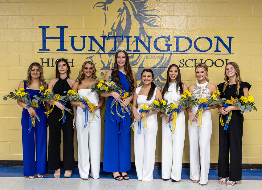 Pictured (L to R) is the 2024 Huntingdon Basketball Homecoming Court: Lilah McBride, Carlotta Falgueras, Delaney Byars, Lilly Kee (queen), Madison Mann, Alayla Johnson, Kylie Tippitt and Abbigail Sykes.