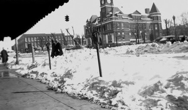 The photo is a view of the court square after the big snowstorm of 1951.