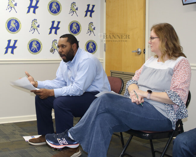 Porsche McClerking, HHS Principal, and Tracy Connell, HHS Guidance Counselor, discuss the new five-block schedule for the 2024-25 school year.