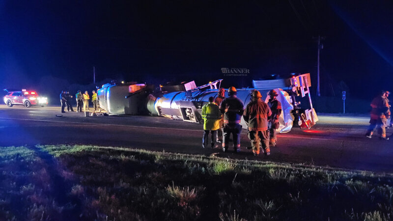Numerous first responders were on hand after a tanker overturned on the Highway 22 exit ramp.