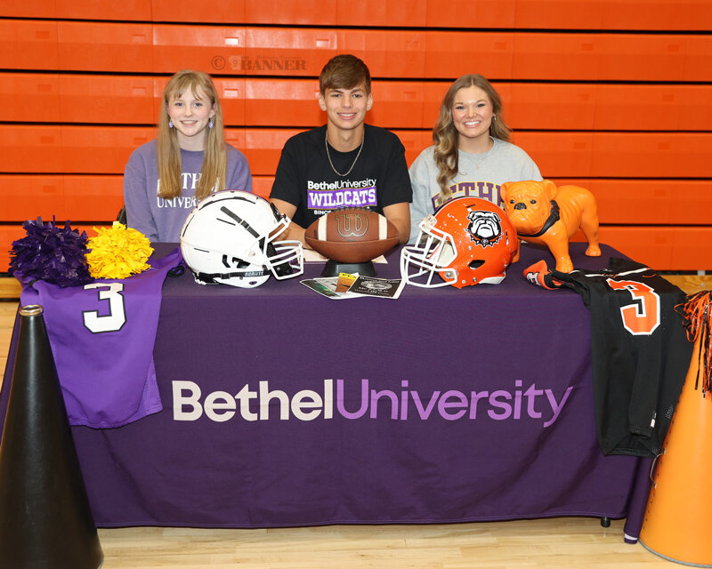 Gleason senior Zowie Tipton, (pictured left) the daughter of Vander Tipton and Sabrina Tipton, signed to be part of Bethel University&rsquo;s Renaissance Theatre program. She will be in the performing arts program. Senior Bulldog Kyzer Crochet (pictured center) is the son of Tina and Ryan Arnold and Scott and Blandie Crochet. He plans to play football at Bethel University. Senior Cheerleader Brooklyn McDowell (pictured right) is the daughter of Lindsay and Nicky Jackson and Jonathan and Alivia McDowell. She chose to cheer for Bethel University.