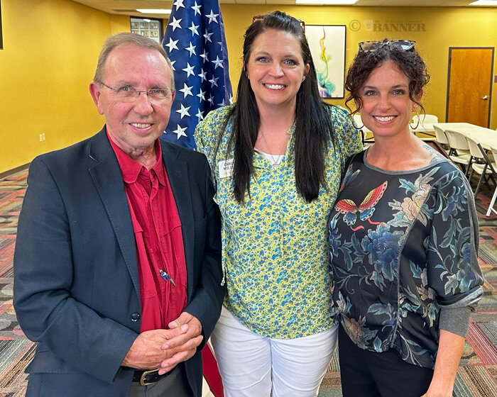 Pictured (L to R) are McKenzie Rotarians Joel Washburn and Christy Williams along with Stacie Freeman, leader of Bethel University&rsquo;s Global Studies.