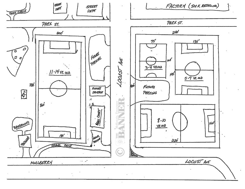 A hand-sketched plan for the Mulberry Park project was provided by City Parks Director Billy Hollowell.