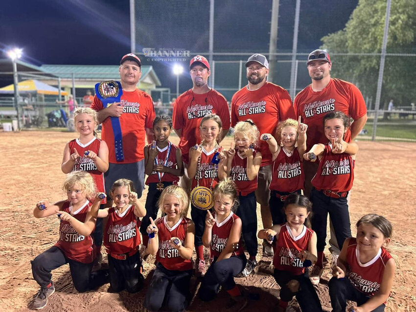 The 6U girls took first place in the Big Bang Tournament. Pictured (L to R) Front Row: Laila Wilkerson, Ella Manns, Brooklyn Morton, Evelyn Freeman, Hailey Manns and Nora Wallace. Middle Row: Elizabeth Case, O’Shyn Taylor, Faith Lynn French, Ollie Fawcett, Piper Russell and Briley Stafford. Back Row: Coaches Brian Stafford, Travis Russell, Clint Manns and Zach Wallace.