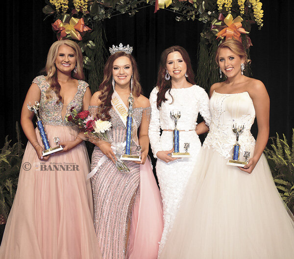 The 2024 Carroll County Fairest of the Fair and court (L to R): First Maid Hannah Beth Fowler, 17-year-old daughter of Jeremy and Brittany Fowler of Atwood; Queen Lily Moore, 19-year old daughter of Garland and Misty Moore of Huntingdon; Second Maid (tie) Bailey Rogers, 17-year-old daughter of Kelli Rogers and Daniel Rogers of Cedar Grove; and Second Maid (tie) Allie Kate Smith, 17-year-old daughter of Alicia Busby of Huntingdon. Moore is a sophomore at UT Martin, seeking a BSN and to become a midwife. Her hobbies include cheerleading, volleyball, modeling and public speaking. She graduated in the top ten of her class, is certified in CPR and infant CPR and can speak English, Spanish, French and sign language.