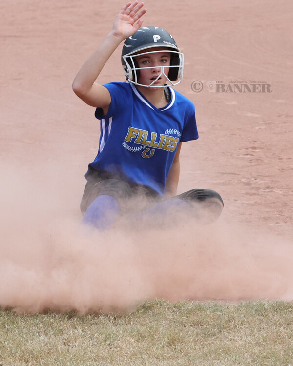 Huntingdon&rsquo;s Tinley Johnson slides in safely for a triple.