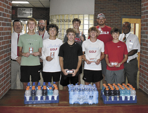 Pictured are (L to R) Front Row: Caleb Burke, Nolan Fawcett, Carter Kee, Ace Brown and Brady Allison. Back Row: Stephen Berryman (Pepsi On-Premise Rep), Director of Schools Dr. Justin Barden, Ethan Bradberry, Coach Tyler Holt and Ricky Price (Pepsi VP).