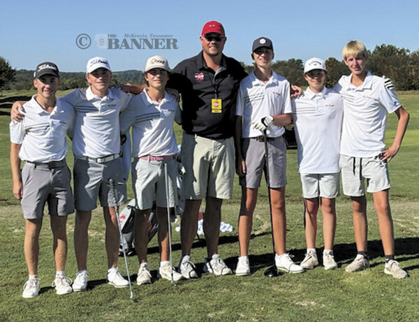 McKenzie High School Rebels golfers at the state tournament (L to R): Carter Kee, Ace Brown, Nolan Fawcett, Coach Tyler Holt, Ethan Bradberry, Brady Allison and Caleb Burke.