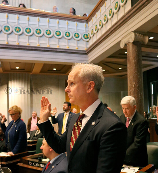 State Senator John Stevens takes the Oath of Office during the opening session of the 114th General Assembly.