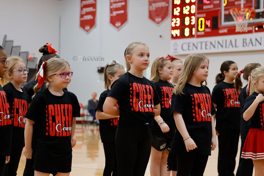 Young cheer enthusiasts who attended the recent Taylor&rsquo;s Cheer Camp performed at halftime Monday.