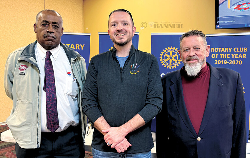 (L to R) Pictured are Rotary Vice-President Ricky Price, David Miles and Vice-President-elect Armand Hebert. Miles spoke about the Levi Miles Foundation.