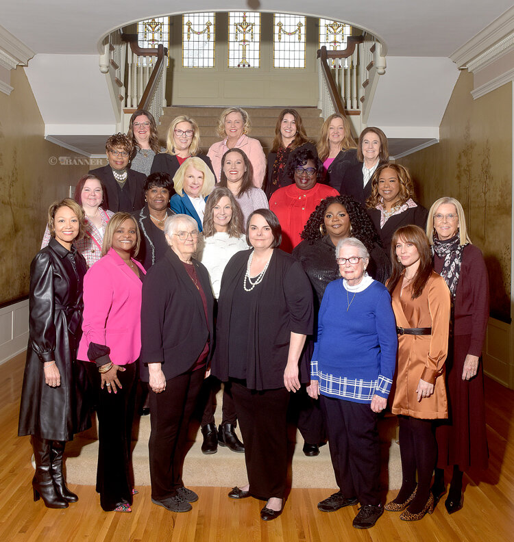 (L to R) Front Row: Rafielle Boone Freeman; LaShonda Williams; Peg McLean, Outstanding Woman Military Veteran; Sara Barnett, Sue Shelton White Award Winner; Virginia Conger; and Liz Mayo. Second Row: Sarah Jones, Delois Dailey, Kim Morris, Twana Miller, and Debbie Swacker. Third Row: Brenda Locke, Anita Hamilton, Brittany Martin, Mamie Hutcherson, and Rose Stemmons. Fourth Row: Courtney Bingham, Lori Dillahunty, Pam McCarty, Angela Snider, Mary Jowers, and Harriet Thompson.