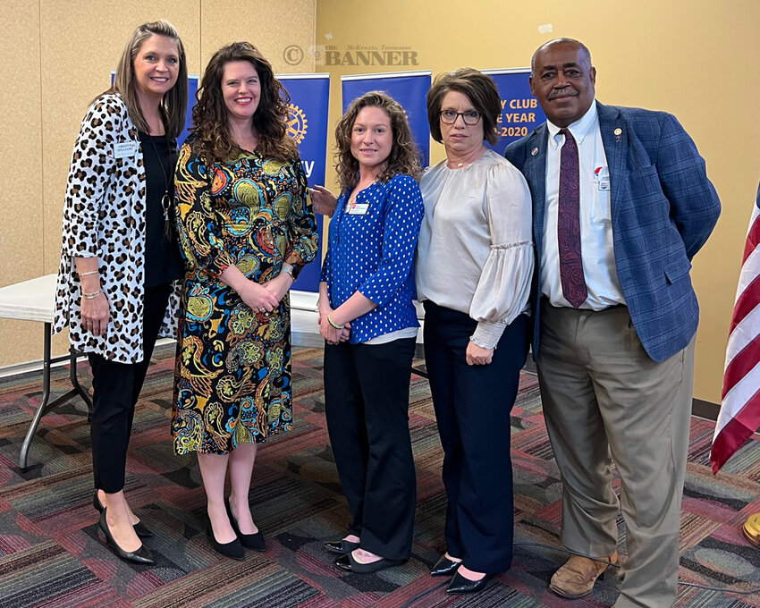 Brooxie Carlton, Assistant Commissioner of Community and Rural Development, spoke to McKenzie Rotary. Pictured (L to R): Christy Williams, Rotary President; Brooxie Carlton; Tessa Kyle, Business Development Consultant with TNDECD; Monica Heath, McKenzie Industrial Board; and Ricky Price, Rotary Vice-President.