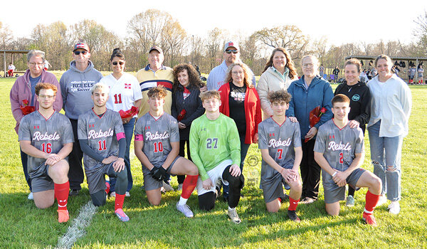 McKenzie Rebel Soccer seniors (L to R): Tyler McCalister, escorted by his mother, Sheri Dunham; Guillermo Hickman, escorted by parents Teddy Hickman and Guillermina Zaragoza; Skyler Fornera, escorted by parents Gary and Donna Fornera; Nathan Dameron, escorted by parents Steven and Danita Dameron; Alex Juarez Garcia, escorted by Erica Cole and Jessica Spaulding; and Emil Schreitmueller, escorted by Jennifer Belisle and Laura Beth Milam.