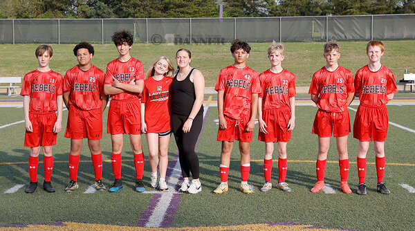 MMS boys soccer eight grade players and managers (L to R): Bentlee Shands, Bryson Nolen, Alan Dixon, Sophie Dameron, Meghan Cowan, Diego Hernandez, Liam Moore, Cal Fawcett and Draven Black.