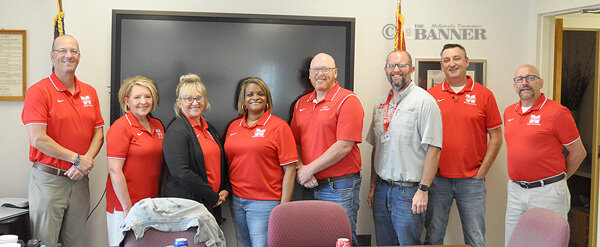 The MSSD began the retreat with breakfast at the central office. Pictured are (L to R): Spiros Roditis, Karen Fowler, Misty Aird, LaShonda Williams, Chad Brown, Director of Schools Dr. Justin Barden, George Cassidy and Bobby Young.