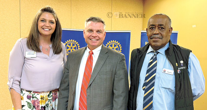 General Sessions Judge Michael King was the featured speaker at the Rotary Club of McKenzie. Pictured are Judge King with Rotary President Christy Williams and Rotary Vice President Ricky Price.