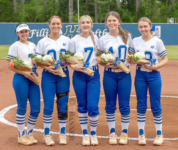HHS softball seniors (L to R): Karter Moore, Delaney Byars, Bailey Cary, Josey Stokes and Chesney Baker. Not pictured is senior manager Madeline Mitchell.