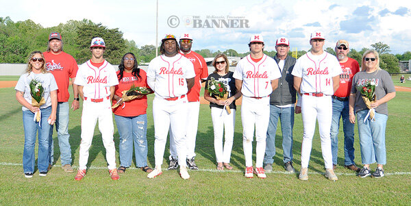 McKenzie seniors (L to R): Gage Crosland with parents Cammy and Taylor Estes, KD Cunningham, with parents Raven and Trell Tharpe, Tate Surber with parents Meredith and Tommy Surber and Craegen Travis with parents Jennifer Travis and Brian Travis.