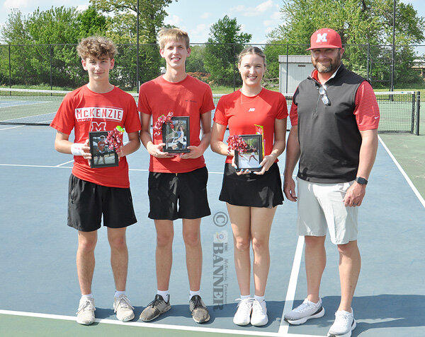 MHS tennis celebrated Senior Day Monday. Pictured are (L to R): Alex Garcia (a junior international exchange student who will not be returning next year), seniors Caleb Burke and Kyla Beveridge and Coach Dru Emerson.