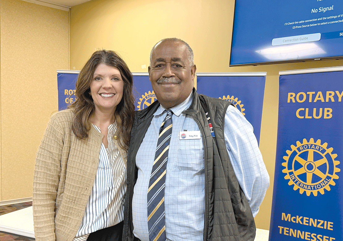 Susan Dyer, director of Career-Technical Education at McKenzie Schools, was the speaker at the McKenzie Rotary Club. Pictured are Dyer and Rotary Vice-President Ricky Price. Dyer is also a member of the McKenzie Rotary.