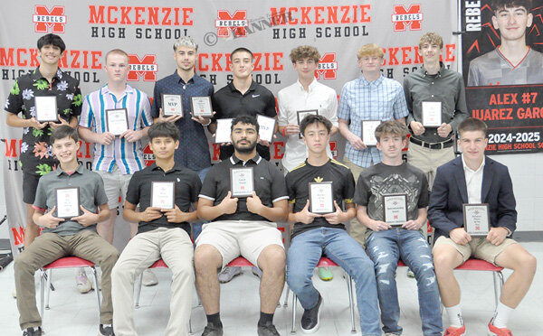 MHS soccer award winners (L to R): Front row - Eian Gibson, Jony Hernandez, Ramon Renteria-Tellez, Triztan Vela, Morgan Christman and Emil Schreitmueller; Back row - Aiden Mason, Eli Vinson, Guillermo Hickman, Skyler Fornera, Alex Garcia, Nate Dameron and Branson Baker.