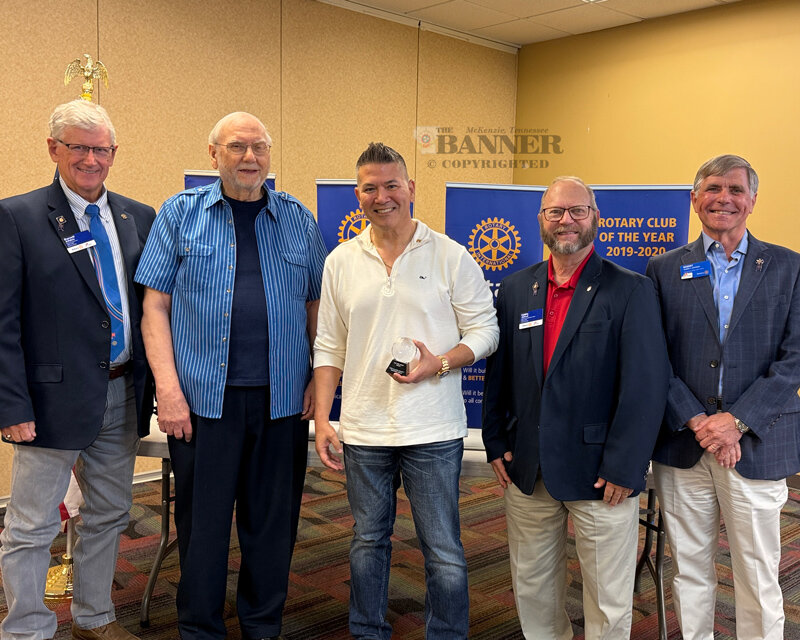Numerous Rotary dignitaries were on hand to thank Ash Young for his generous donation. (L to R): Rotary Governor Darrell Ailshie, Past District Governor Ed Perkins, Ash Young, Past District Governor Eddie Allred and Past District Governor Robert Huffman.
