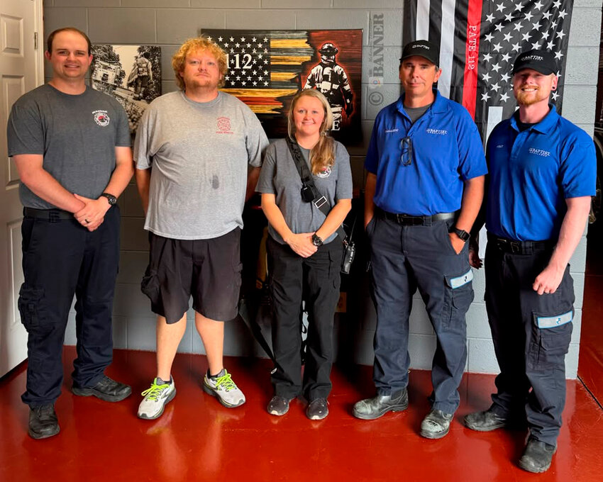 First responders in the life-saving incident were (L to R): Lieutenant/Paramedic Jonathan Castleman, McKenzie Fire Department; Battalion Chief/Advanced EMT Jason Arnold, McKenzie Fire Department; Firefighter/EMR Lacey Lane, McKenzie Fire Department; Trey Silliman Paramedic, Priority EMS; and Chaz Prestwood, Advanced EMT, Priority EMS.