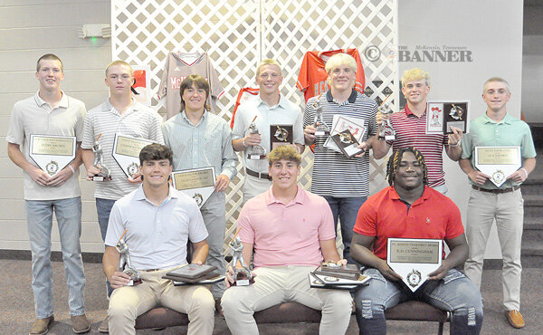 MHS Baseball award winners (L to R) Seated: Tate Surber, Craegen Travis and KD Cunningham. Standing: Avery Brown, Cooper Davidson, Lelan Gordon, Cole Brown, Fletcher Holt, Xander Johnsey and Ace Brown.