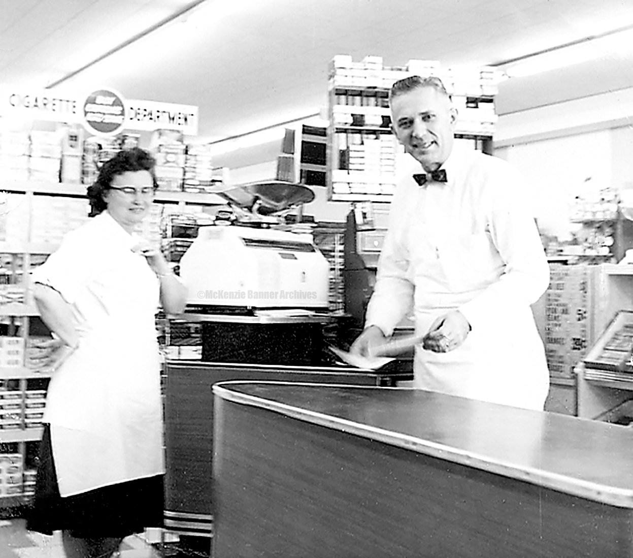 Laverne and Harris Drewry, owners of Drewry’s Food Center on Cedar St. in McKenzie. This was the first supermarket in McKenzie (1960). Harris’ brother, Jack Drewry, was a founder of the store along with Laverne and Harris. They later bought out his ownership.