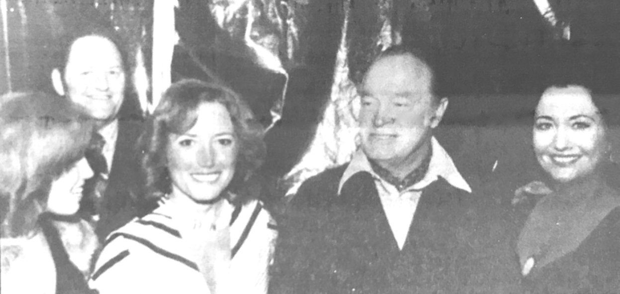 Ludie and Ben Gaines were instrumental in bringing Bob Hope to McKenzie as a fundraiser to help keep Bethel College in town. Pictured are Jodie Gaines Johnson, Ben Gaines, Sr., Patty Gaines Kreibel, Bob Hope and Ludie Gaines.