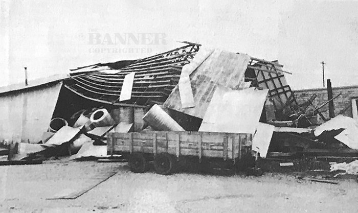 A collapsed storage building located on the Gaines Manufacturing Company property.