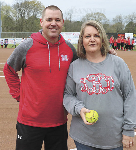 MES Principal Tonya Brown and Assistant Principal Josh Kee. Brown threw the first pitch of the season and Kee served as catcher.